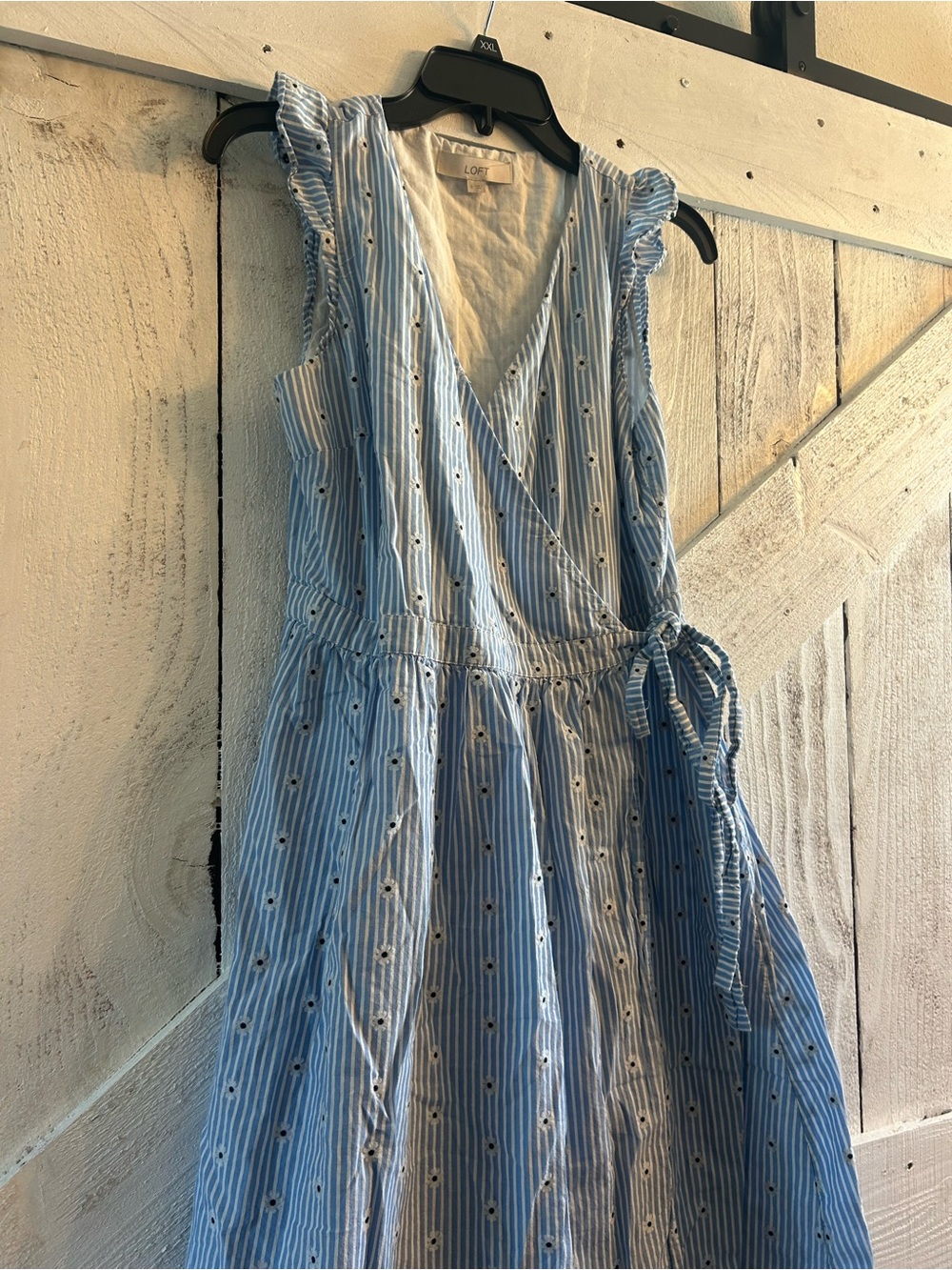 LOFT Blue and White Striped Wrap Midi Dress - Picture 2 of 5